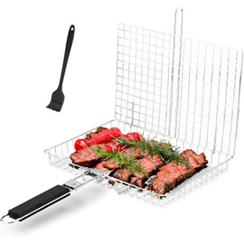 AGIgear Fish & Vegetable Grill Basket,Portable Stainless Steel BBQ Grill Basket,Folding Outdoor Camping BBQ Rack for Fish, Shrimp, Vegetables, Barbeque Griller Cooking Accessories (Black)