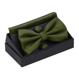 Mens Solid Olive Green Bow Tie Wedding Pre-tied Bowtie and Pocket Square Cufflink Set (UK0570-28)