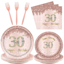 24 Sets 30th Rose Gold Birthday Party Decorations for Women 30 Birthday Plates and Napkins Forks Party Supplies for 30 Year Old Birthday Disposable Party Favors