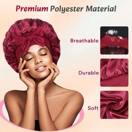 Euqvunn Pack of 2 Black Silk Bonnet for Sleeping, Sleep Cap Hair Protect with 6.2 x 63 cm Widening Tie, Hair Cap for Night, Protection for Long/Straight/Curly Hair (Black Red)