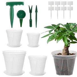 onaner 8Pcs 4/5/6/7 Inch Reusable Clear Nursery Pots & Transplant Tool Set - Drainage Holes,Weeding Fork,Trowel,Dibber for Seedlings to Mature Plants - Indoor Outdoor Gardening Supplies
