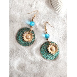 MINACHI Bohemian Sunflower Circle Disc Dangle Drop Earrings with Blue Bead Accent, Antique Vintage Boho Earrings Jewelry Gift for Women