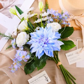 FLORRALIA Artificial Flowers – Elegant Flower Bouquet, Faux Silk Dahlia & White Roses Floral Arrangement Fake Plant Decor for Home Indoor, Farmhouse kitchen Dining Decoration Wedding Table Centerpiece