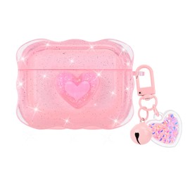 CameCosy Glitter Case Compatible for Airpods Pro for Women, Sparkle Pink Love Heart Wave Frame Design Soft TPU Protective Shockproof Case with Cute Bell Keychain for Airpods Pro