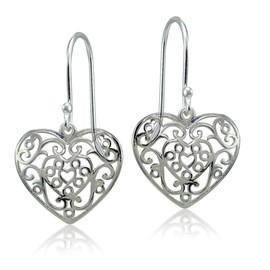Hoops & Loops 925 Sterling Silver Heart Filigree 22mm Dangle Earrings for Women, Silver