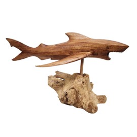 Shark LG Hand Carved Wood MACO Shark on Wood Coral Stand Nautical Ocean Decor