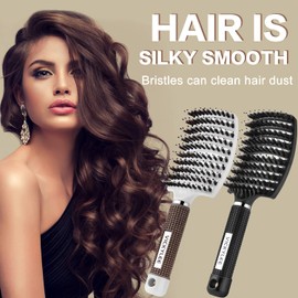 VICKYLEE Boar Bristle Hair Brush 2Pcs Curved and Vented Detangling Hair Brush for Women Long,Thick,Curly,Wet Hair,dry hair and Tangled Hair Vent Brush Gift kit (Black+White)