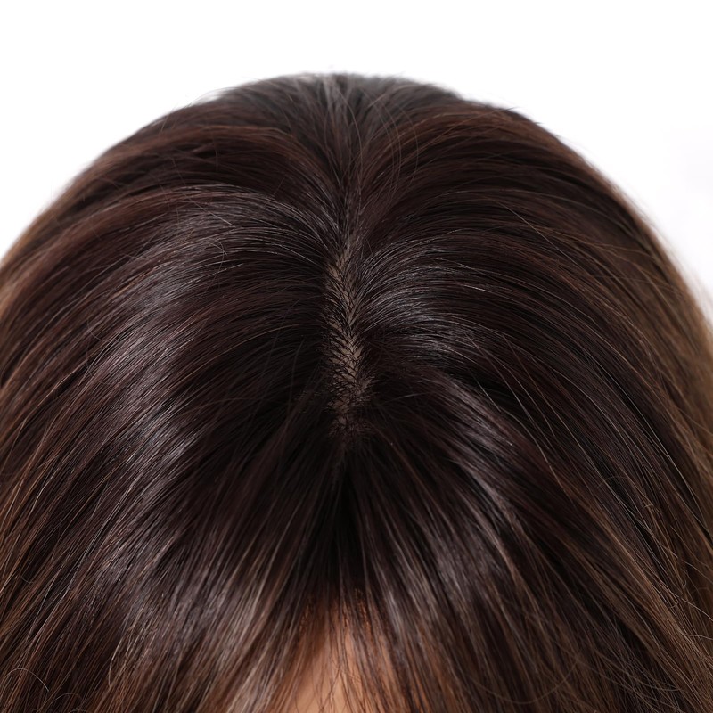 Rovizère Long Wavy Wig with Bangs, Light Brown Ombre Synthetic