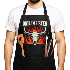 MoonWorksGrillschürze für Männer Grillmeister Flammen Bullenschädel Geschenkidee Kochschürze Herren für BBQ Schwarz Herren