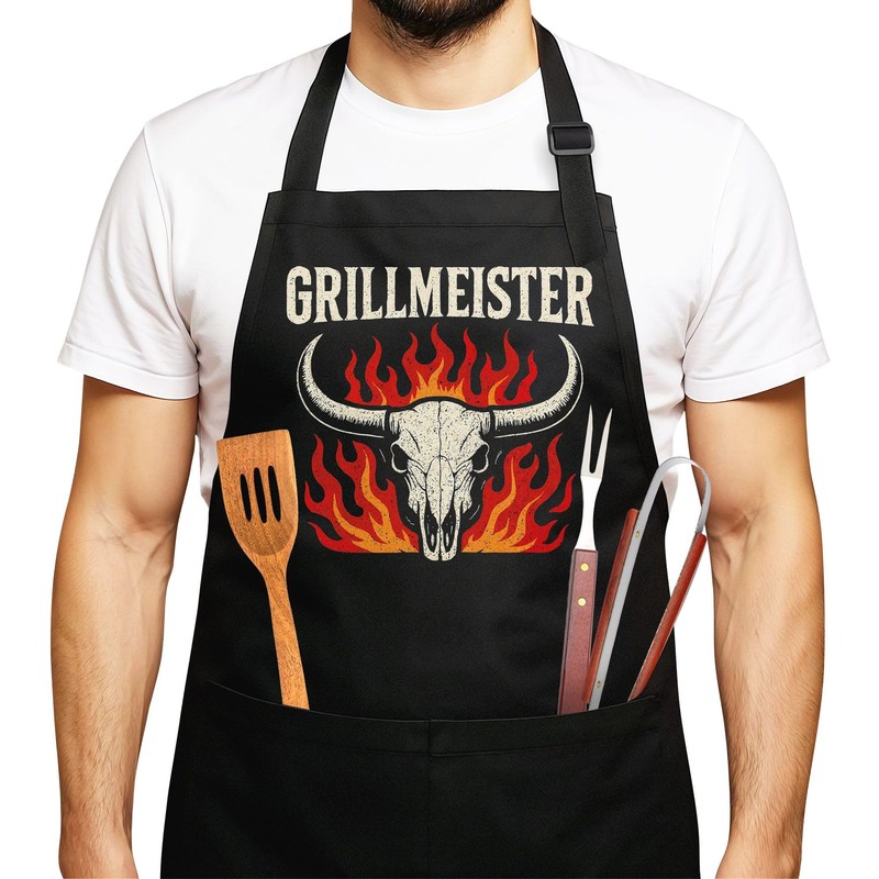 MoonWorksGrillschürze für Männer Grillmeister Flammen Bullenschädel Geschenkidee Kochschürze Herren für
