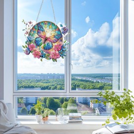 KEYIFA Diamond Painting Kit, DIY Butterfly Diamond Art for Adults, Colorful Diamond Painting Hanging Sign Crystal Art Window Ornaments Home Garden Wall Door Hanging Decoration, 20cm Width