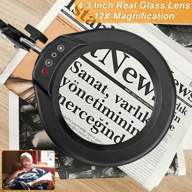 12X Large Magnifying Glass with Light and Clamp, Real Glass,