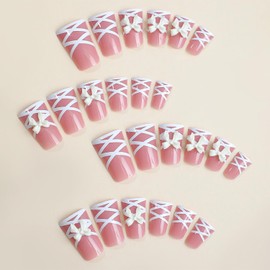 24Pcs Press On Nails Long Square Fake Nails Pink Duckbill False Nails With 3D White Butterfly Designs Acrylic Nails Press Ons Full Cover Glue On Nails Long Stick On Nails For Women