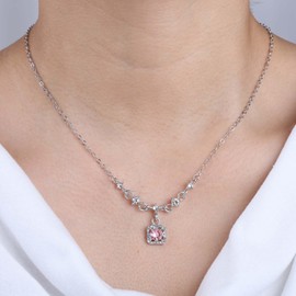Silver Birthstone Necklace Pink Cz Pendant Necklace Choker Thin Chain Dainty Necklace Crystal Solitaire Necklace Diamond Square Necklace Rhinestone Simple Necklace for Women Wedding Jewelry