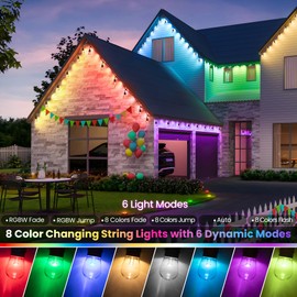 Larkvue 100FT(2x50FT) RGB Solar Outdoor String Lights with Remote, Multicolor&Warm White Dimmable Waterproof Patio Lights with 30 LED S14 Bulbs-Black