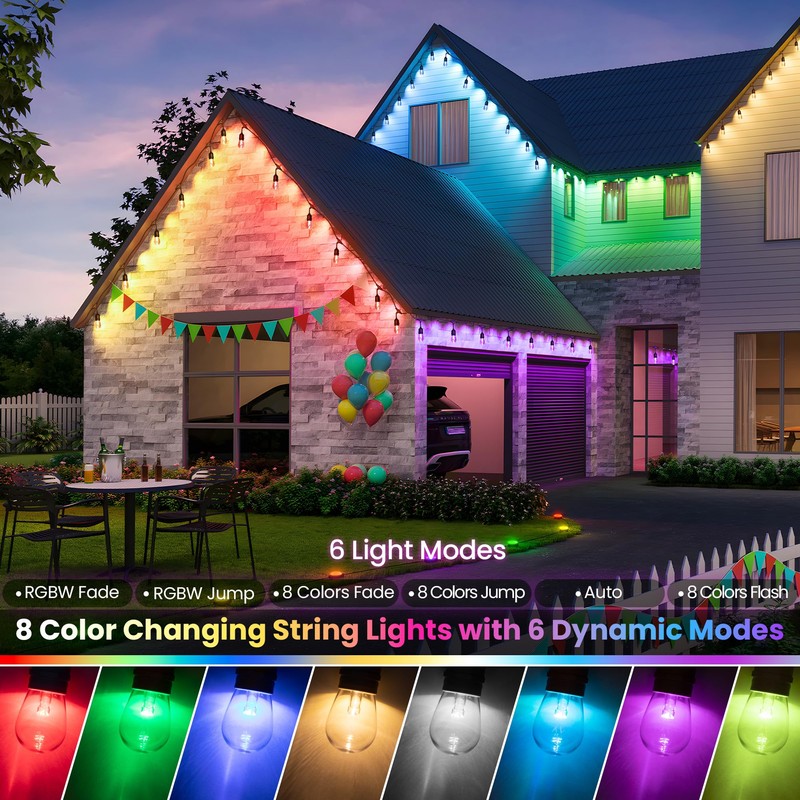 Larkvue 100FT(2x50FT) RGB Solar Outdoor String Lights with Remote, Multicolor&Warm