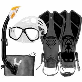 Kids Snorkeling Set with Fins Anti Leak Snorkeling Gear for Kids with Adjustable Flippers, Youth Junior Full Dry Snorkel Set Swimming Goggles with Nose Cover Diving Mask Scuba with Bag, 5-14 Yrs