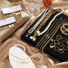 17IF 45 PCS(9 PACK) Gold Jewelry Set with 7 Necklace 12 Ankle Bracelet 10 Kunckle Ring 9 Pair Earring hoop 7 Ear Cilp Snake Rose Pearl for Women and Birthday