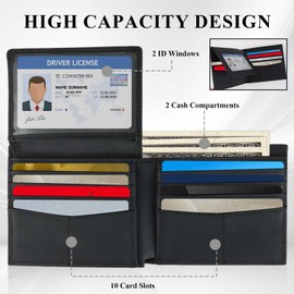 Vryth Mens RFID Blocking Wallets Carbon Fiber Leather Slim Bifold Wallet with 10 Credit Card Slots, 2 ID Windows, 2 Cash Compartments, Minimalist Wallet for Men UK, Black