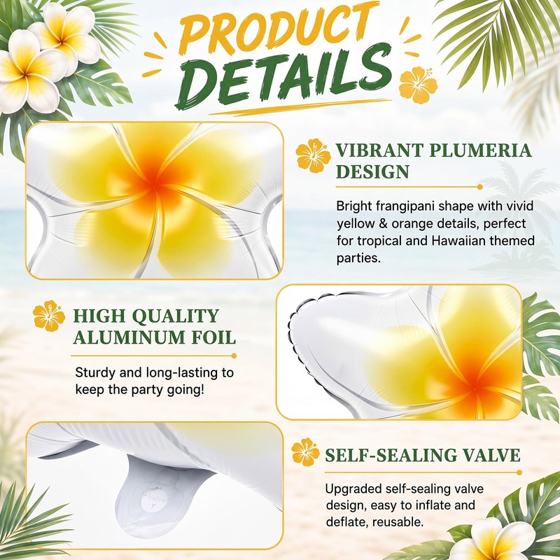 6 Pack 20" Plumeria Balloons Hawaiian Tropical Foil,Plumeria