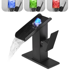 Bathroom Sink Led Faucet Waterfall Spout Black RGB 3 Colors Changing Temperature Lavatory Vanity Sink Faucet One Hole Handle Modern Washbasin Tap with Lights Deck Mount Commercial