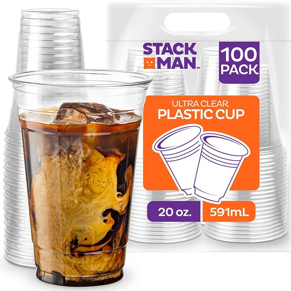 Stack Man [100 Pack - 20 oz.] Clear Disposable Plastic Cups PET Crystal Clear Disposable 20oz Plastic Cups