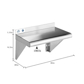 ROCKPOINT Stainless Steel Shelf 10 x 16 Inches 190lb, NSF Metal Commercial Shelves Wall Mount Floating Shelving with Backsplash for Restaurant, Kitchen, Home and Hotel, Silver