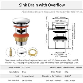 nomona Pop Up Drain Fitting, Chrome-Plated Brass G1 1/4 Inch BSPP (40 mm) Pop Up Drain Assembly for Bathroom, Corrosion Resistant Pop Up Drain for Vessel Vanity Lavatory Sink (Sink with Overflow)