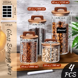Layhit 4 Pcs Glass Food Storage Jars with Airtight Wood Lid Clear Storage Jars Containers with Stickers Marker for Candy, Cookie, Rice, Sugar, Flour, Pasta, Nuts, 4 Size
