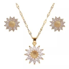 TENDER LIHOME Juego Collar Y Aretes De Girasol Diamantado Cadena Oro 18k