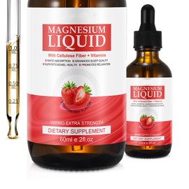 Magnesium Glycinate Drops for Women & Men, Liquid Dietary Supplement Complex with Magnesium Taurate, Cellulose Fibre, Bromelain, Vitamins and Zinc, Strawberry Flavour, 60 ml