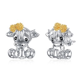 Flpruy Highland Cow Earrings for Women 925 Sterling Silver Sunflower Highland Cow Earrings Highland Stud Earring Highland Cow Jewelry Gifts for Women