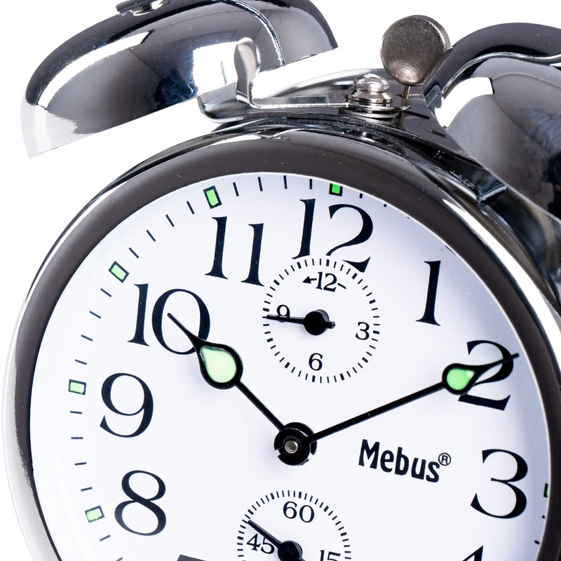 Mechanical lift alarm clock with classic bell ringer, illuminated hands