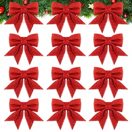 COLOFALLA 12pcs Large Red Bows for Christmas Tree Decorations Glitter Decorative Bow for Red Christmas Tree Decorations Ornaments (Red)