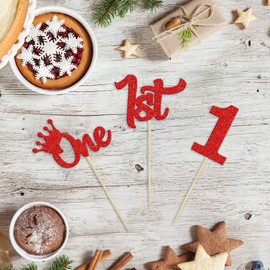 24 piezas de decoración para cupcakes de primer cumpleaños con purpurina para primer cumpleaños, 1 cupcake para baby shower, 1 fiesta de cumpleaños, decoración de pasteles, suministros rojos