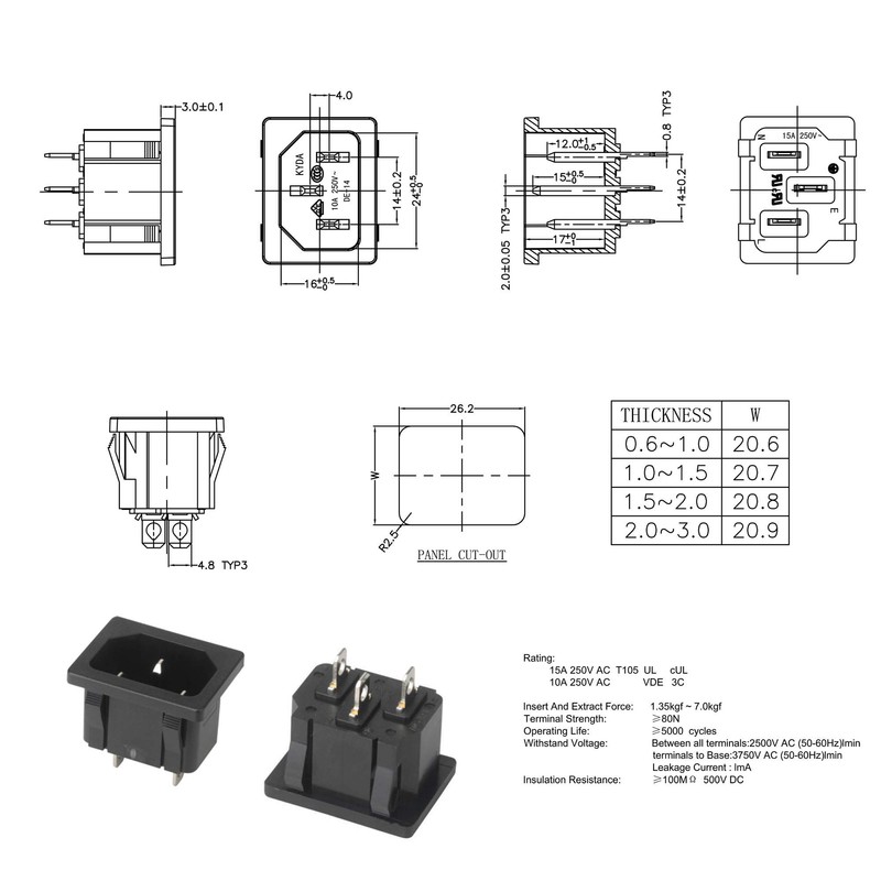 FILSHU IEC320 C14 Panel Mount Plug Adapter AC 250V 15A