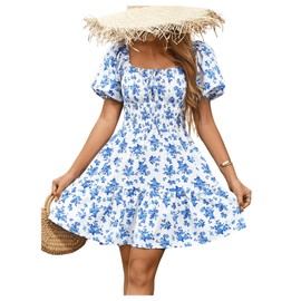 Floerns Women's Boho Square Neck Puff Short Sleeve Self Tie Front A Line Dress Blue XS