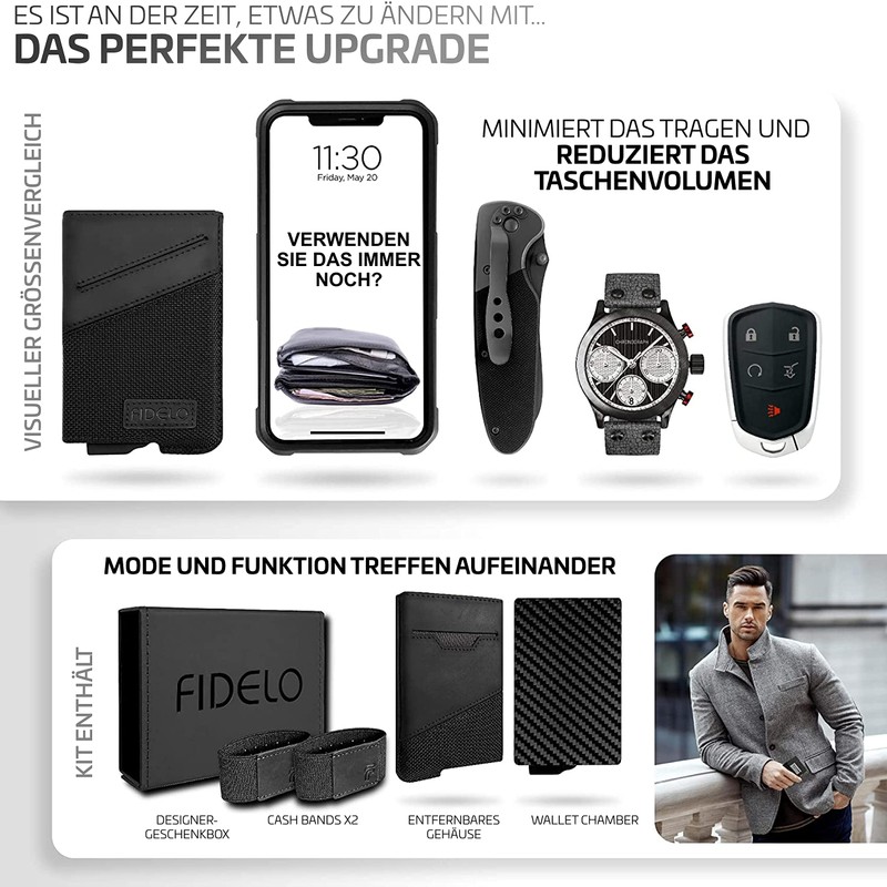 Fidelo Men's Wallet, Minimalist, Slim, RFID Protection, with Coin Compartment