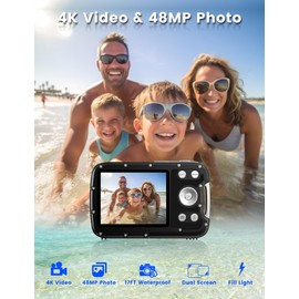 YEEIN Underwater Camera 4K 48MP Autofocus Selfie Dual Screen Waterproof Camera with Floating Strap and 32GB Card, 17FT Compact Waterproof Digital Camera, Fill Light Underwater Camera for Snorkeling