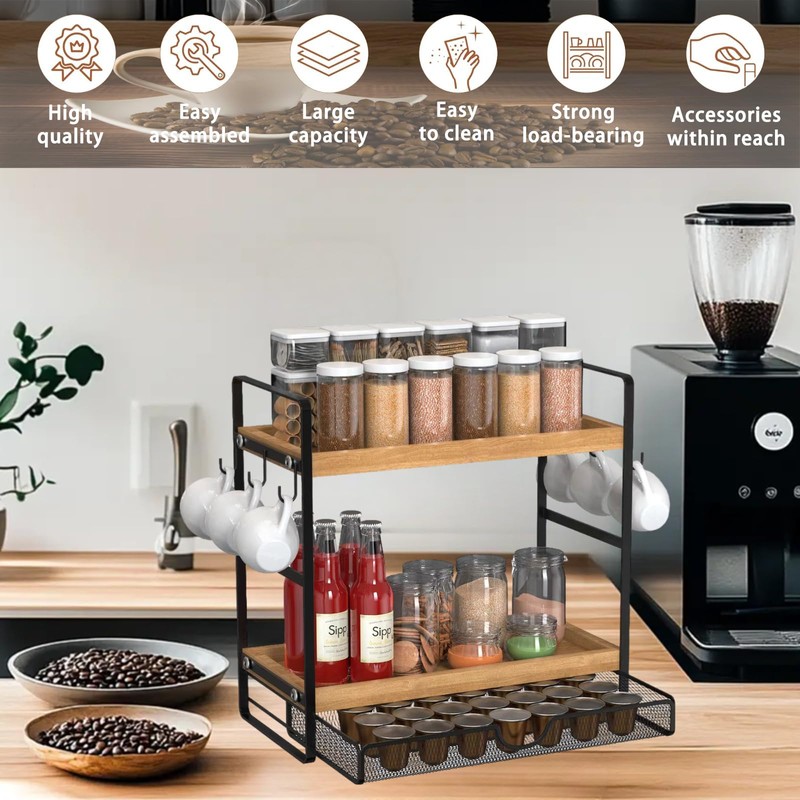 LEMIKKLE 2-Tier Wood Coffee Station Organizer with Pod Holder and