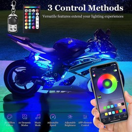 Motorcycle LED Underglow Kit, icicar 8 Pcs APP/RF Control Multicolor Motorcycle LED Light Kit with Brake Turn Signal, IP68 Waterproof & Music Sync Ambient Light for Motorcycles