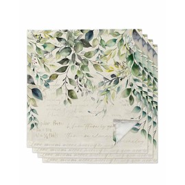 Lsrtoss Eucalyptus Leaves Cloth Napkins Set of 4 Reusable Dinner Napkins, Watercolor Weeping Teal Botanical Vintage Cocktail Napkin Washable Table Napkins for Wedding/Holiday Party/Baby Shower 20"x20"