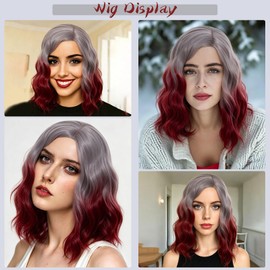 14" Short Gray-Dark Red Ombre Wig Fun Curly wig For Women Heat Resistant Fiber Wigs Halloween Cosplay Daily Party+Cap (Gray-Dark Red Ombre)