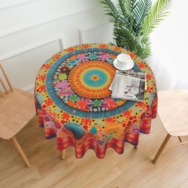 mutakin Mandala Bohemian Tablecloth Spring Summer Round Table Cover Washable Table Cloth for Home Kitchen Party Picnic 60 Inch