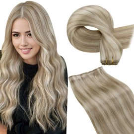LaaVoo Weft Hair Extensions Real Human Hair 14 Inch 80g Sew in Hair Extensions Dark Blonde Highlight Platinum Blonde Hair Extensions Straight Double Weft Hair Extensions #18/613