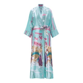 VOGMATE Kimono Bathrobe Women's Long 3XL Large Sizes Satin Dressing Gown Lightweight Japanese Kimono Yukata Sakura Ukiyoe Light Blue