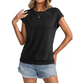 Micticsi Womens Crewneck Cap Sleeve T Shirts Banded Bottom Top Loose Fit Short Sleeves Tee Casual Summer Basic Tops 2025 Black