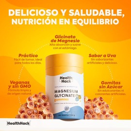 Health Hack Glicinato de Magnesio en Gomitas | 180 Gummies para 3 meses | 410mg por porción | Suplemento Alimenticio de Magnesium Glycinate para Adultos | Sin Azúcar, Sin Colorantes Artificiales