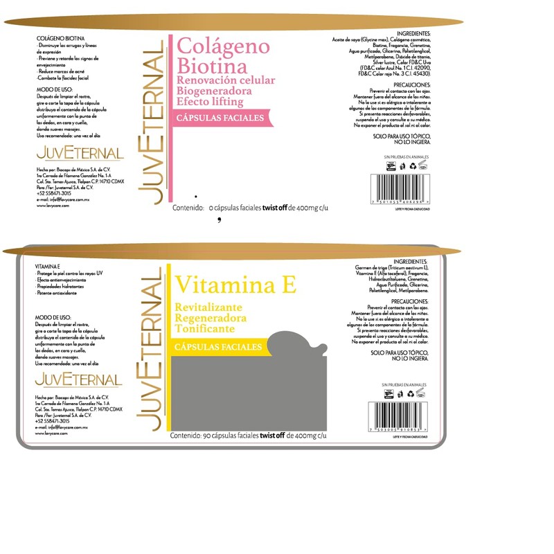Juveternal|Duo Cápsulas Faciales Colágeno Biotina|Cápsulas Faciales Vitamina E |90 caps