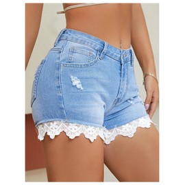 Milumia Women's Lace Trim Ripped Denim Shorts Drop Waist Straight Leg Shorts with Pocket Medium Wash 32